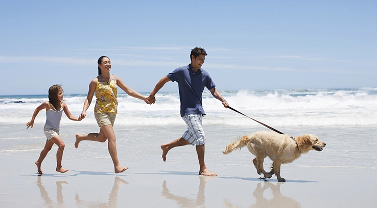 Family Running Along Sea Shore with Dog