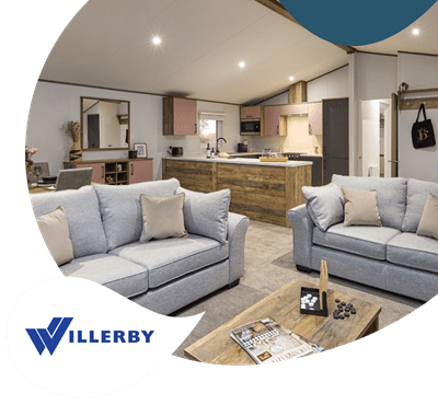 Willerby Boston lodge in a circle design with the Willerby logo in bottom left