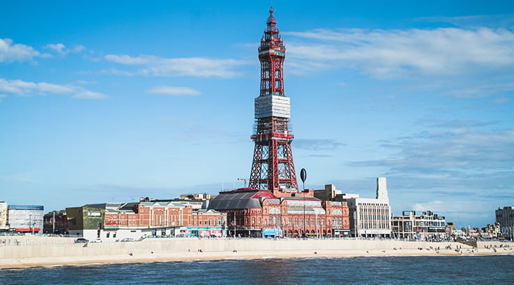 A view of Blackpool Tower and the beach from the sea