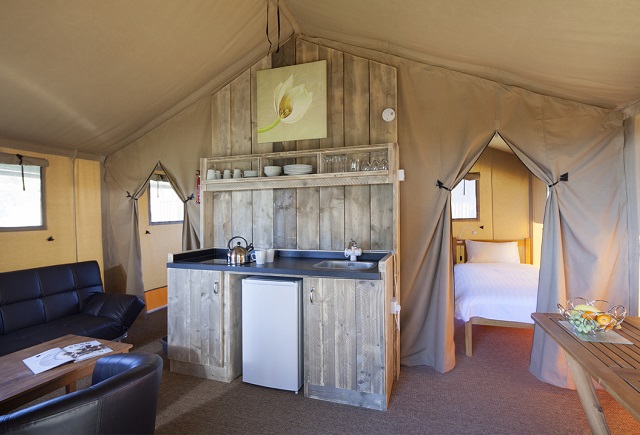 Kitchen area in a Safari Glamping tent at Ruda Holiday Park