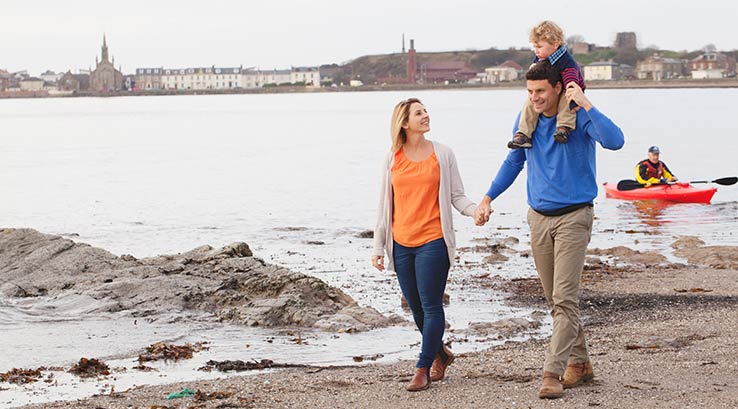 A family strolling along the beach at Sandylands