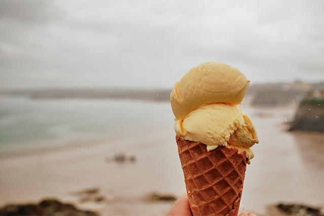 A ice cream at the beach on a rainy day in Cornwall