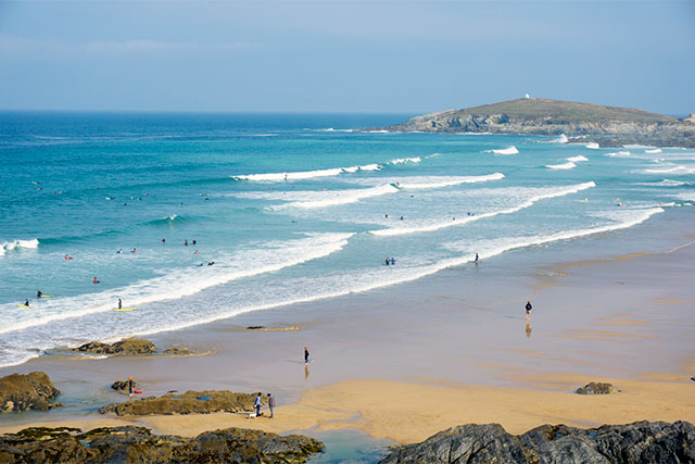 Waves rolling into Fistral Beach in Cornwall