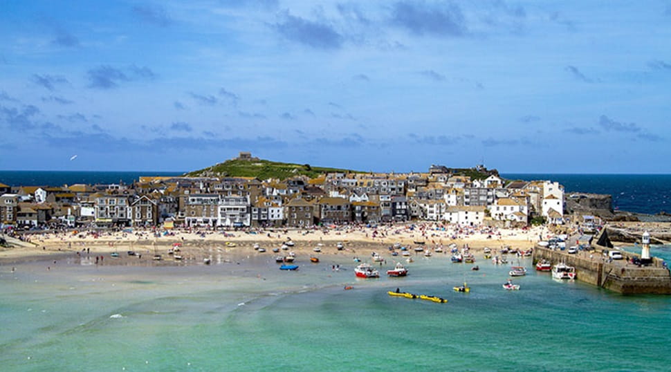 St Ives beach and town on a sunny day